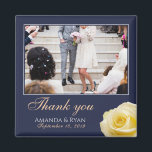 Elegant Yellow Rose Floral Photo Thank you Wedding Magnet<br><div class="desc">A favour wedding magnet with a wedding photo, bride and groom names and wedding date. Personalise with your wedding photo and other details. The text is in a script and the background is dark navy blue. A floral favour magnet with a beautiful yellow rose. An elegant and stylish thank you...</div>