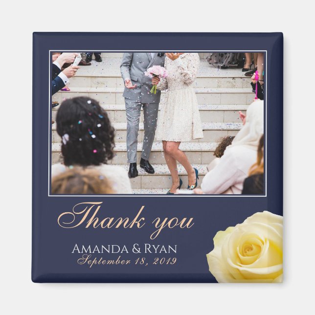 Elegant Yellow Rose Floral Photo Thank you Wedding Magnet (Front)