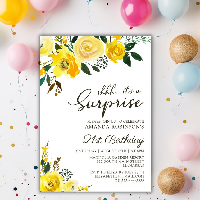 Elegant Yellow Rose Floral Surprise 21st Birthday Invitation (Creator Uploaded)