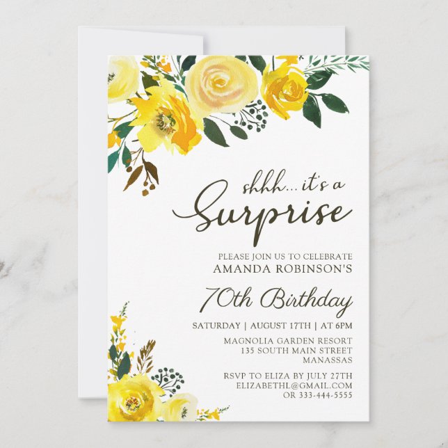 Elegant Yellow Rose Floral Surprise 70th Birthday Invitation (Front)