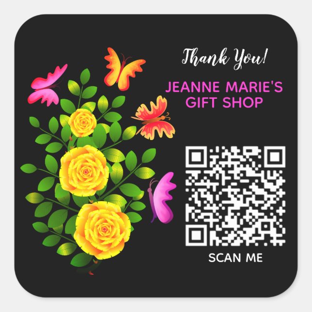 Elegant Yellow Rose Flower Thank You QR Code Square Sticker (Front)