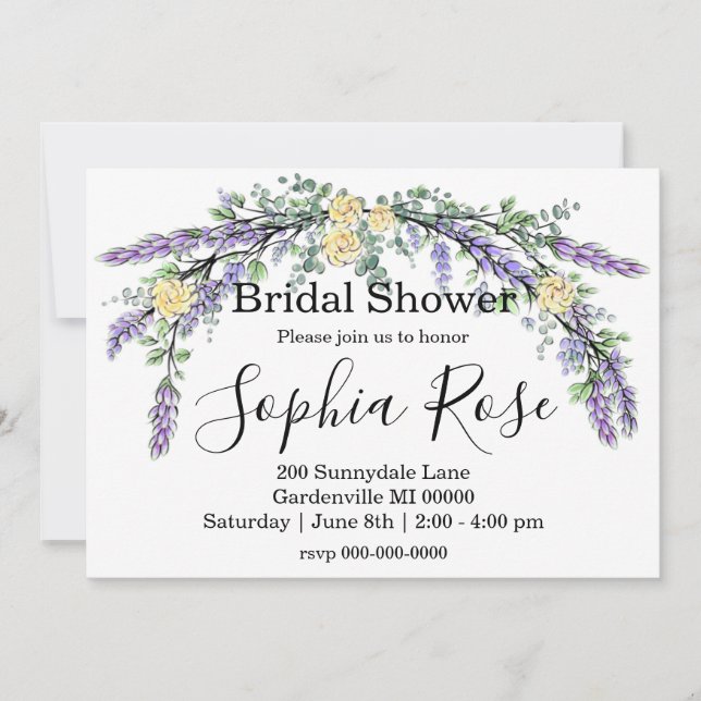 Elegant yellow rose lavender Bridal shower  Invitation (Front)