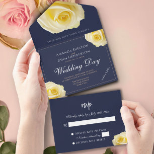 Elegant Yellow Rose Midnight Blue Floral Wedding  All In One Invitation
