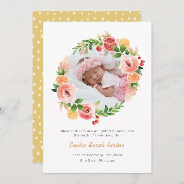Elegant Yellow Rose Wreath Floral Photo Birth  Announcement (Front/Back)