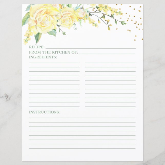 Elegant Yellow Roses Floral Bridal Shower Recipe (Front)