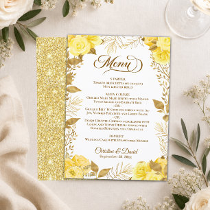 Elegant Yellow Roses Gold Leaves Wedding Menu