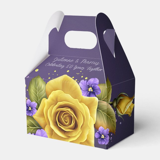 Elegant Yellow Roses, Purple Violets 50th Anniv | Favour Box (Front Side)