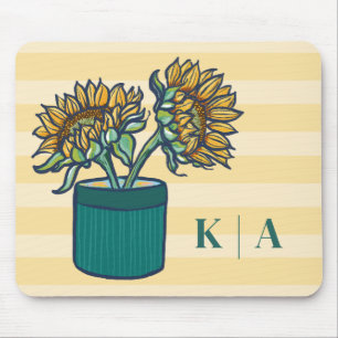 Elegant Yellow Striped Monogram Sunflower Mouse Pad