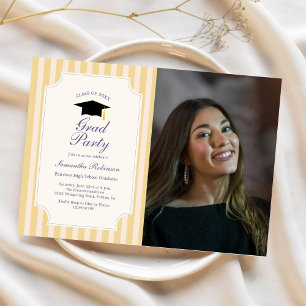 Elegant Yellow Stripes Graduation Photo Party Invitation