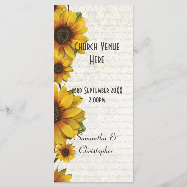 Elegant yellow sunflower church wedding program programme (Front)