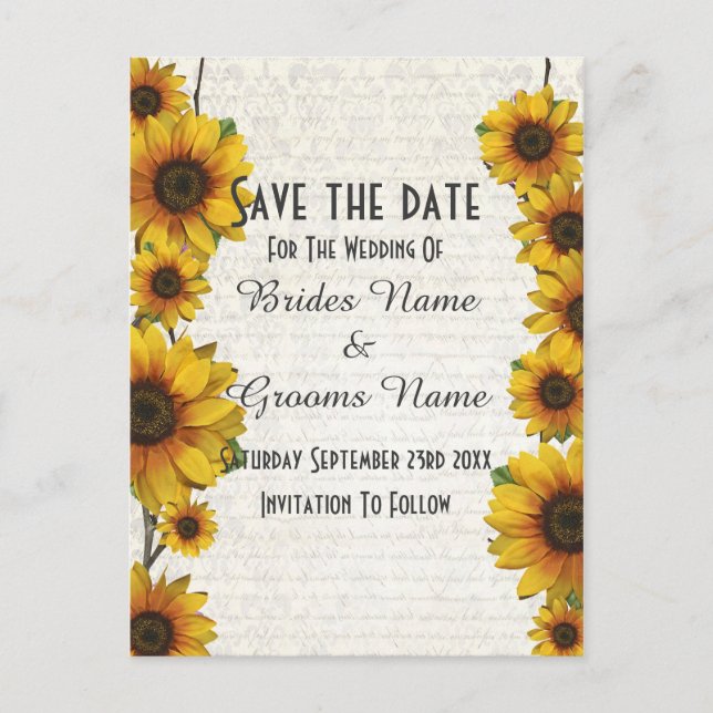 Elegant yellow sunflower country save the date announcement postcard (Front)