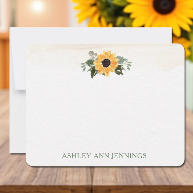 Elegant Yellow Sunflower Personalized Stationery Card (Elegant sunflower watercolor personalized stationery notecard with custom name)