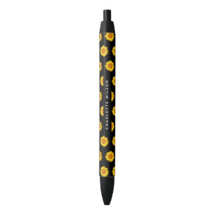 Elegant Yellow Sunflower Script Name Monogram Black Ink Pen