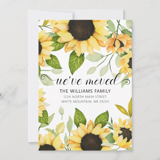 Elegant Yellow Sunflower Watercolor Floral Moving Announcement (Front)