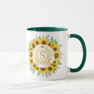 Elegant Yellow Sunflower Wreath Monogram Name Mug