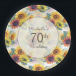 Elegant Yellow Sunflowers Greenery 70th Birthday Paper Plate<br><div class="desc">These 70th birthday party paper plates are designed with pretty yellow and pink sunflowers and greenery.  Text is fully customisable,  so design these party plates for anyone of any age.</div>