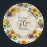 Elegant Yellow Sunflowers Greenery 70th Birthday Paper Plate<br><div class="desc">These 70th birthday party paper plates are designed with pretty yellow and pink sunflowers and greenery.  Text is fully customisable,  so design these party plates for anyone of any age.</div>