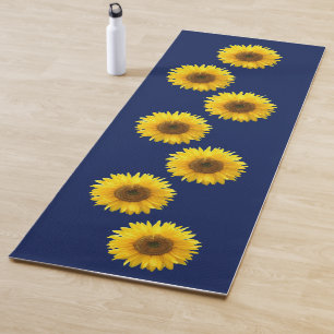 Elegant Yellow Sunflowers on Navy Blue Yoga Mat