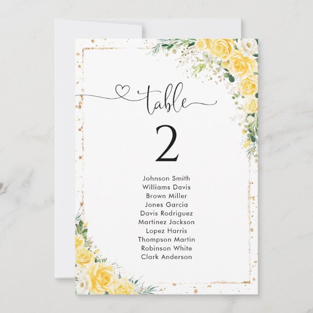 Elegant Yellow Table Number Seating Chart (Front)