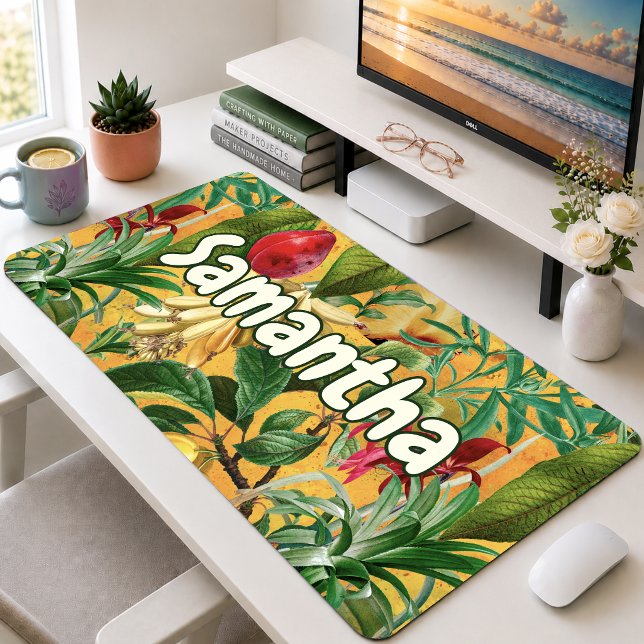 Elegant yellow tropical leaves fruits pattern  desk mat (Creator Uploaded)