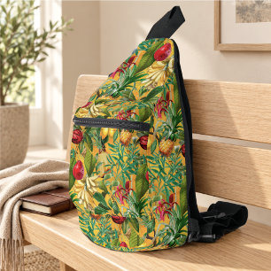 Elegant yellow tropical leaves fruits printed sling bag