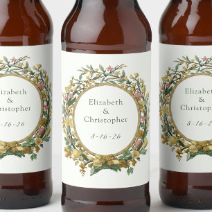Elegant Yellow Vintage Floral Wedding Beer Bottle Label