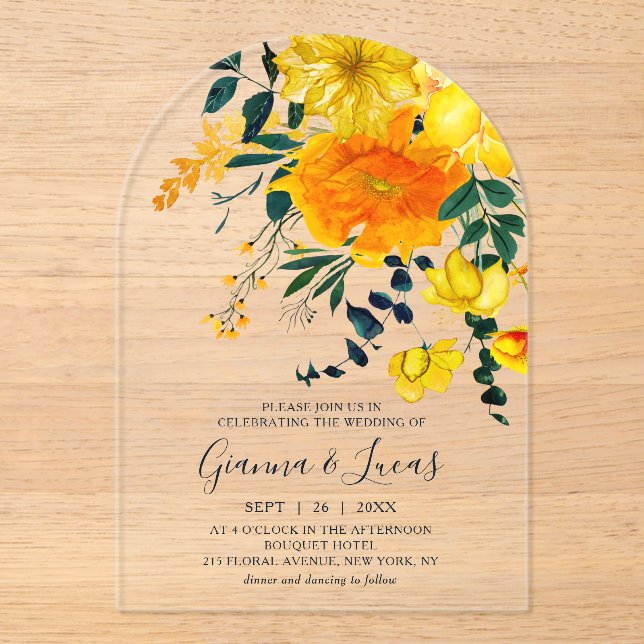 Elegant Yellow Watercolor Botanical Floral Wedding Acrylic Invitations (Front)