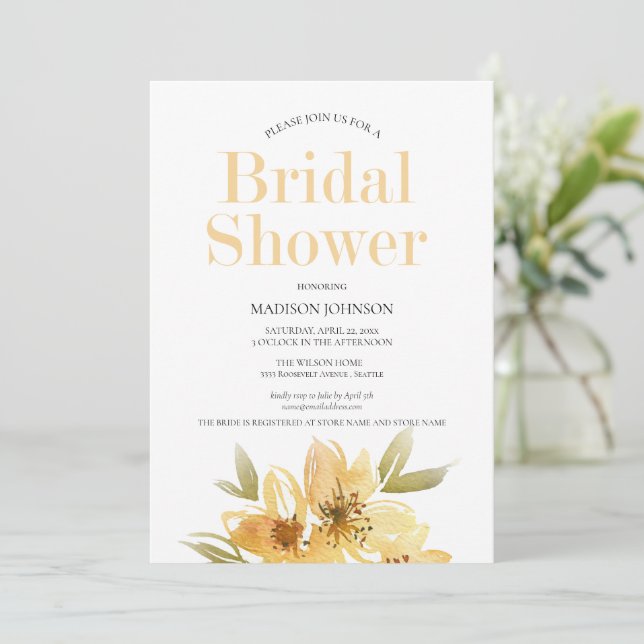 Elegant Yellow Watercolor Floral Bridal Shower Invitation (Standing Front)