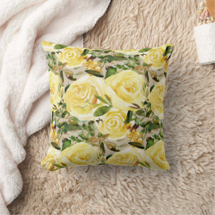 Elegant Yellow Watercolor Floral Roses Greenery Cushion