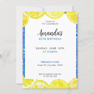 Elegant Yellow Watercolor Lemons 40th Birthday Invitation