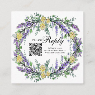 Elegant yellow watercolor roses lavender RSVP QR Enclosure Card
