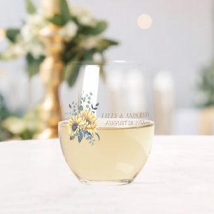 Elegant Yellow Watercolor Sunflower Sunny Stemless Wine Glass