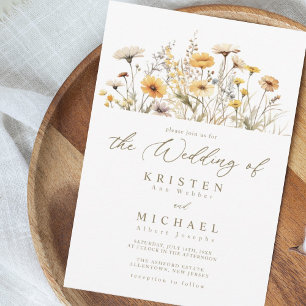Elegant Yellow Watercolor Wildflowers Wedding Invitation