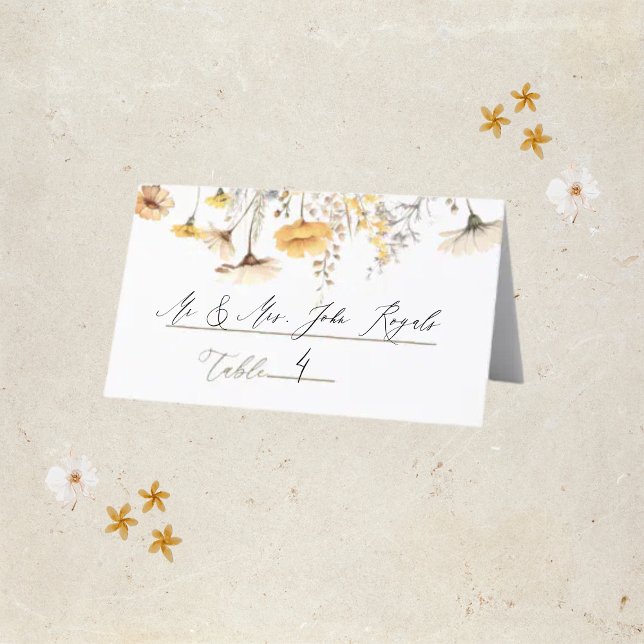 Elegant Yellow Watercolor Wildflowers Wedding Place Card (Creator Uploaded)