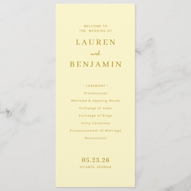 Elegant Yellow Wedding Ceremony Schedule Programme (Front)