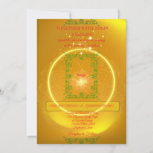 Elegant Yellow Wedding Invitation with Gold Sparks (Front)