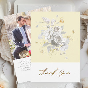 Elegant Yellow White Floral Photo Wedding Thank You Card