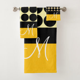 Elegant yellow &white yellow dots monogram name bath towel set