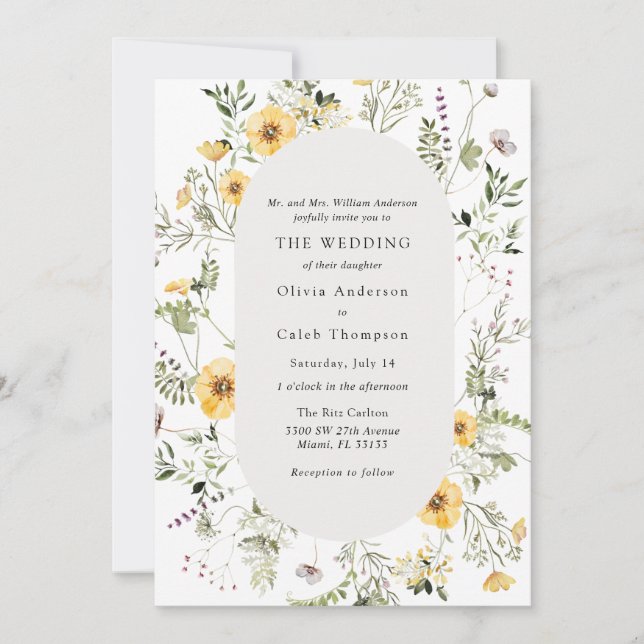 Elegant Yellow Wildflower Greenery Frame Wedding Invitation (Front)