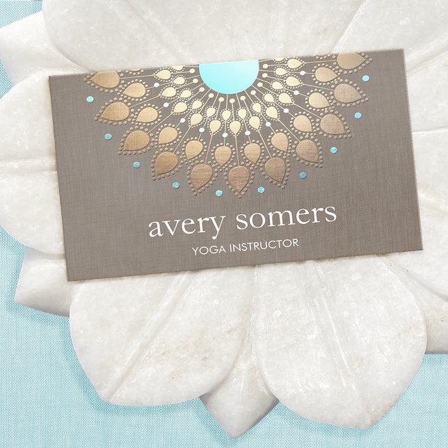 Elegant Yoga Gold Lotus Mandala Taupe Linen Business Card (Creator Uploaded)