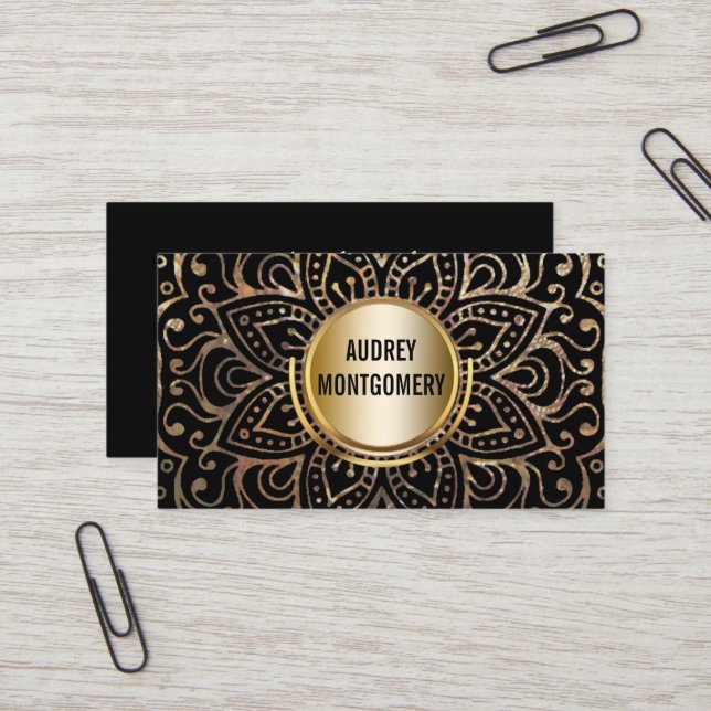 Elegant Yoga Instructor | Mandala Gold Black Boho Business Card (Front/Back In Situ)