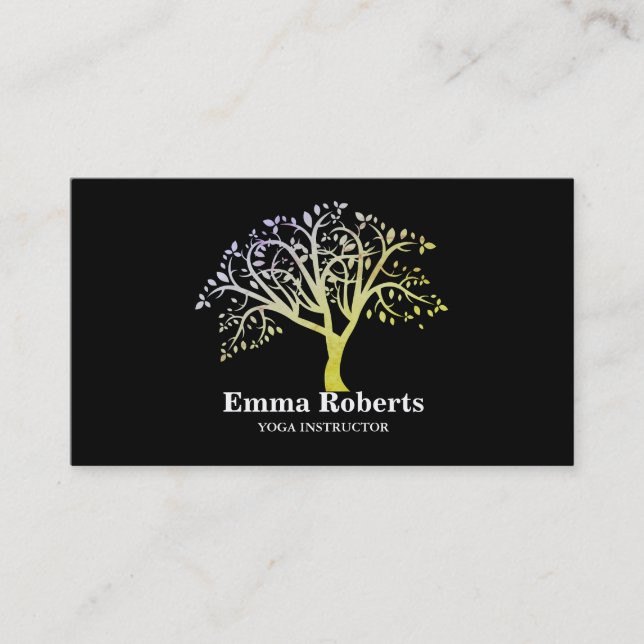 Elegant Yoga Instructor Rose Gold Tree Business Card (Front)
