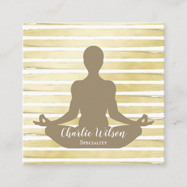 Elegant yoga white sepia brown gold paint striped square business card (Front)