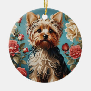 Elegant Yorkshire Terrier Portrait Rose Garden Ceramic Tree Decoration