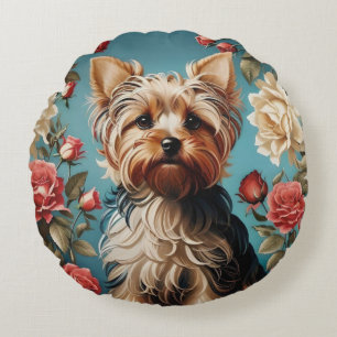 Elegant Yorkshire Terrier Portrait Rose Garden Round Cushion