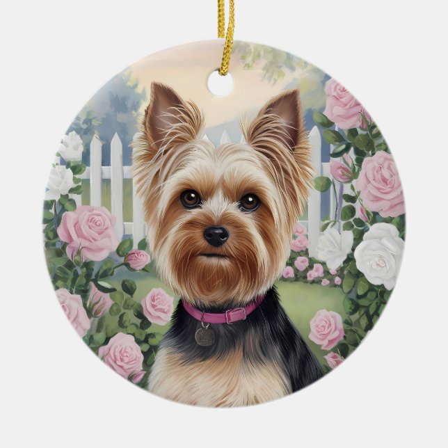 Elegant Yorkshire Terrier Rose Garden Painting Ceramic Tree Decoration (Front)