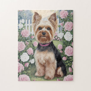 Elegant Yorkshire Terrier Rose Garden Painting Jigsaw Puzzle