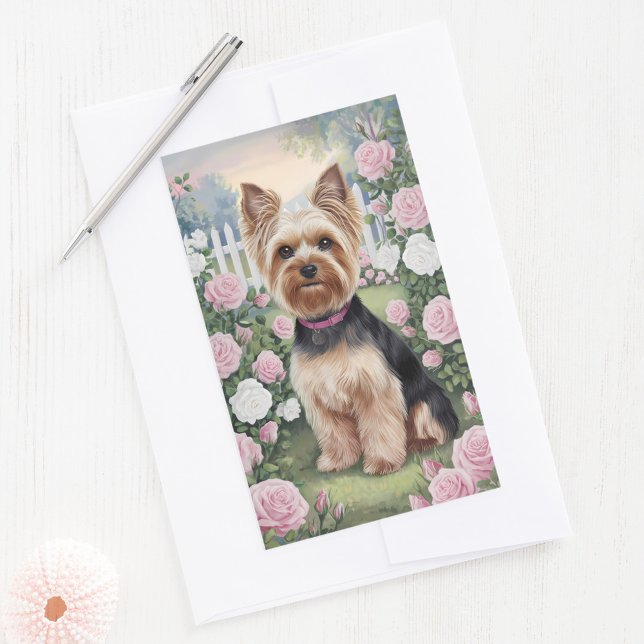 Elegant Yorkshire Terrier Rose Garden Painting Rectangular Sticker (Creator Uploaded)
