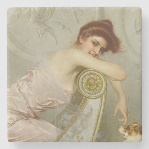 Elegant Young Lady Stroking Her Puppy Dog Stone Coaster