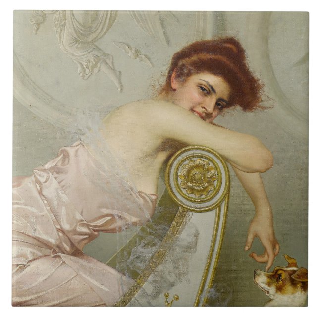 Elegant Young Lady Stroking Her Puppy Dog Tile (Front)
